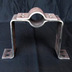 A metal pipe support bracket with a U-shaped base and a semi-circular top plate.